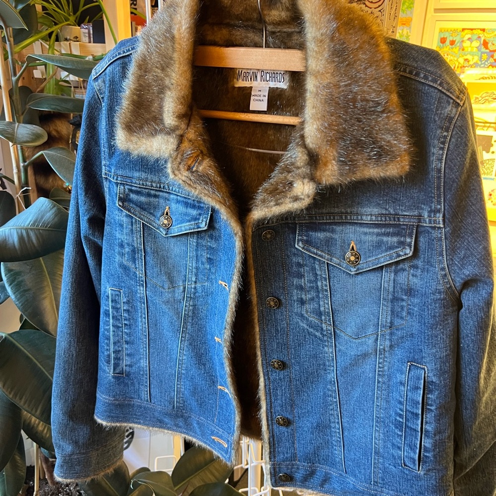 Marvin Richards Dark Blue Denim Jacket with Brown Faux Fur Trim